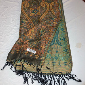 Women's Pasmina One Size Dark Green Orange Paisley Scarf Wrap